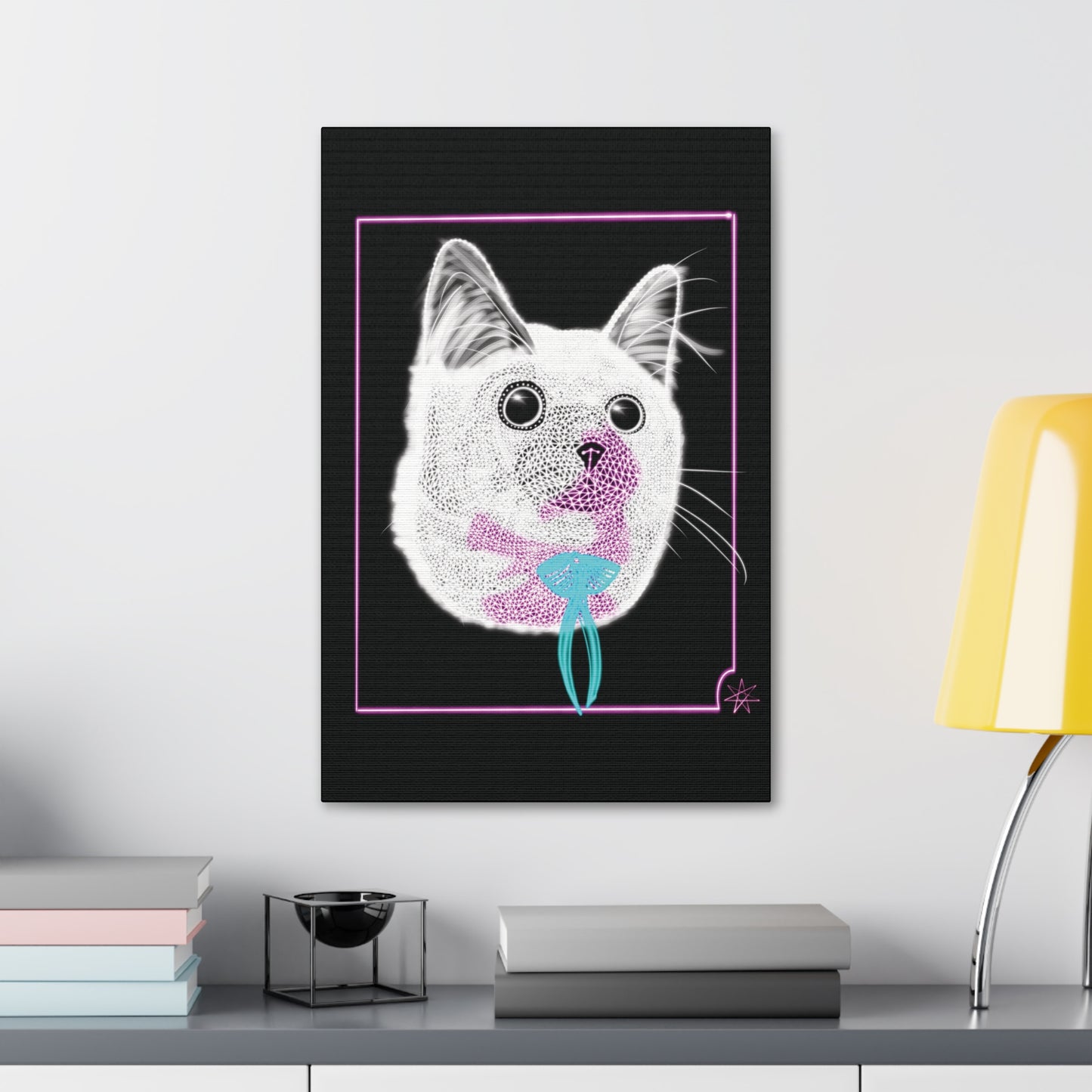 Portrait Canvas Art - Laser Kitty Neon Polygon Design, Cat Lover Gift, Fun Home Decor, Pet Artwork, Quirky Wall Art
