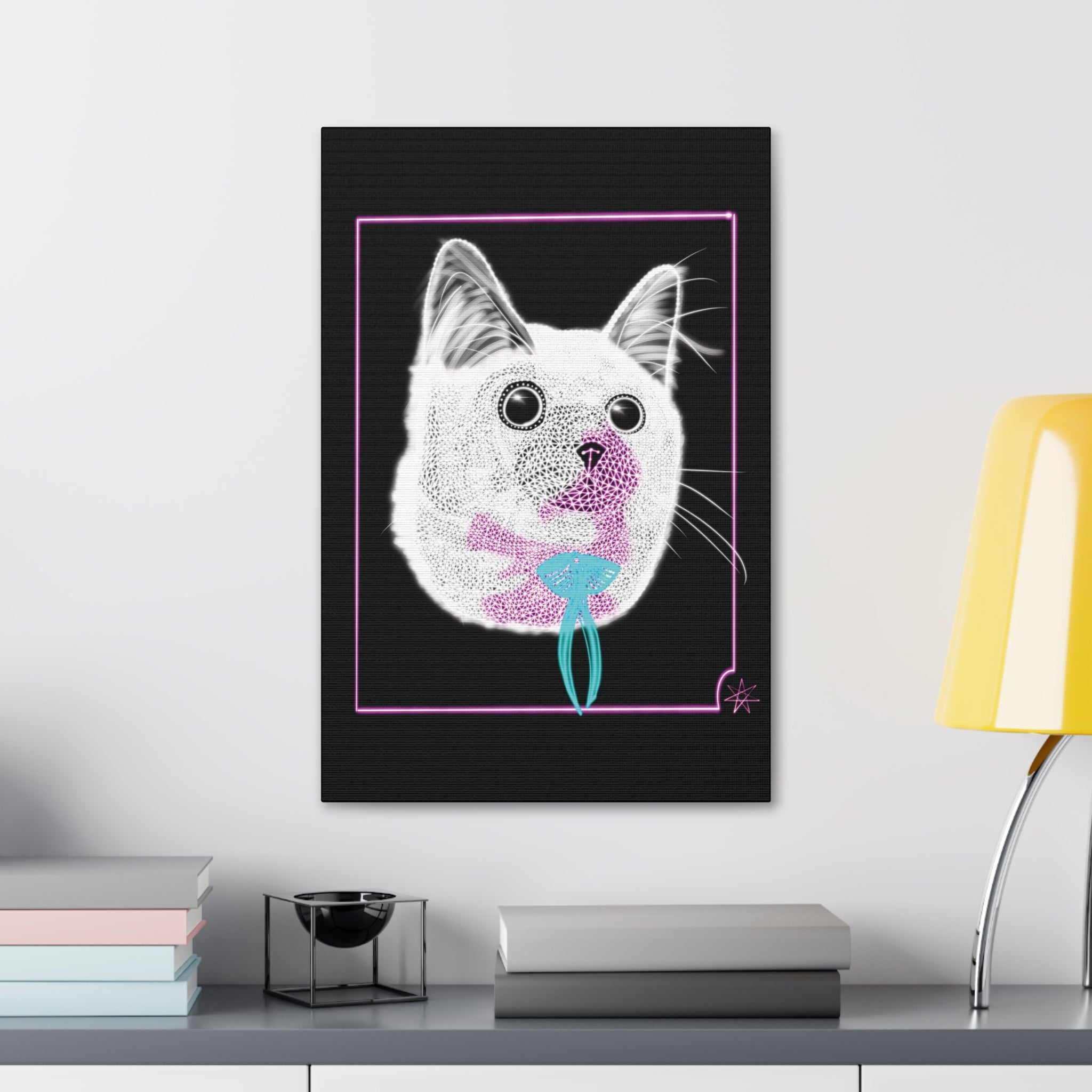 Portrait Canvas Art - Laser Kitty Neon Polygon Design, Cat Lover Gift, Fun Home Decor, Pet Artwork, Quirky Wall Art