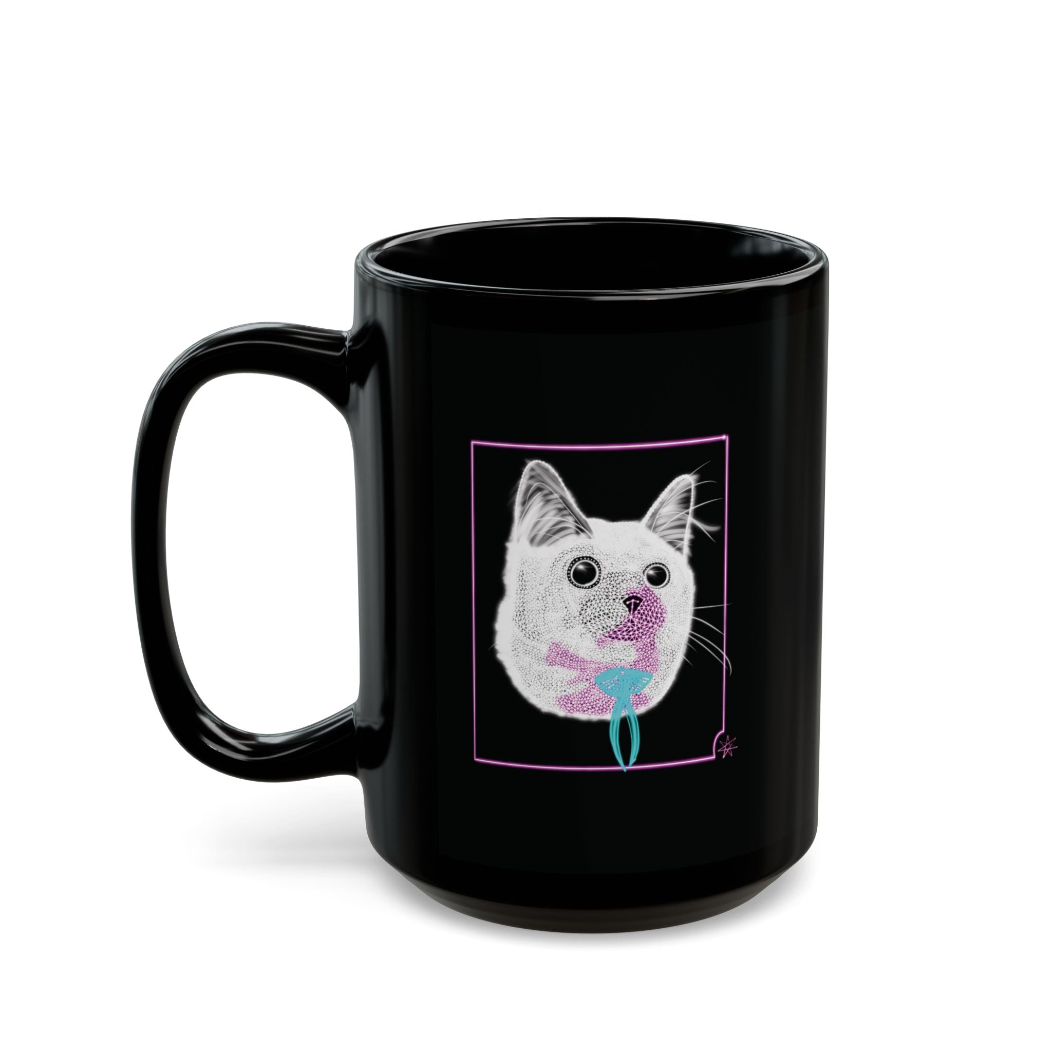 Black Mug (11oz, 15oz) - Laser Kitty Neon Polygon Design