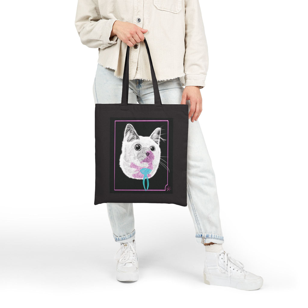 Cotton Canvas Tote - Laser Kitty Neon Polygon Design, Bag Stylish Reusable Tote, Eco-Friendly Shopping Bag, Festival Accessory, Unique Gift