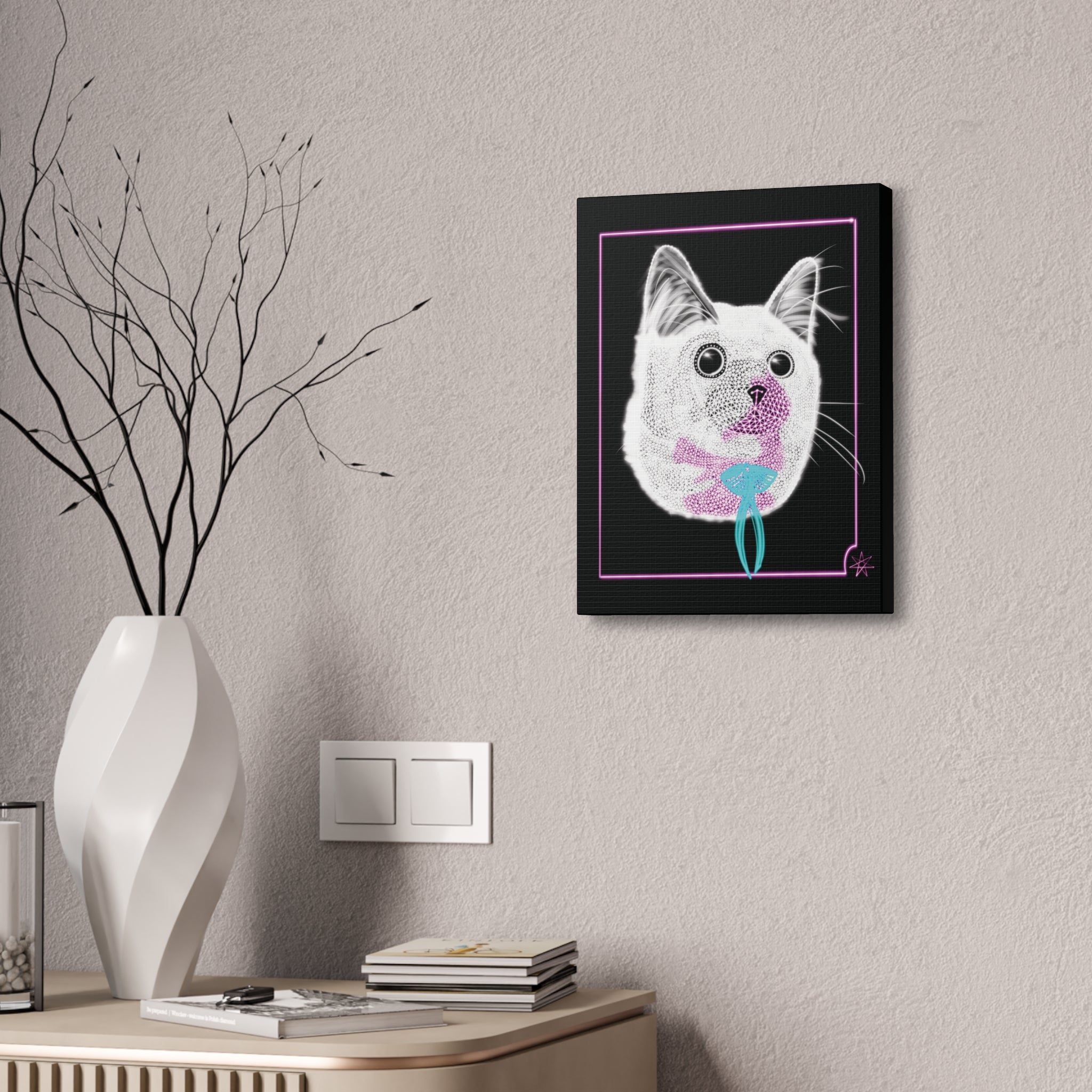 Portrait Canvas Art - Laser Kitty Neon Polygon Design, Cat Lover Gift, Fun Home Decor, Pet Artwork, Quirky Wall Art