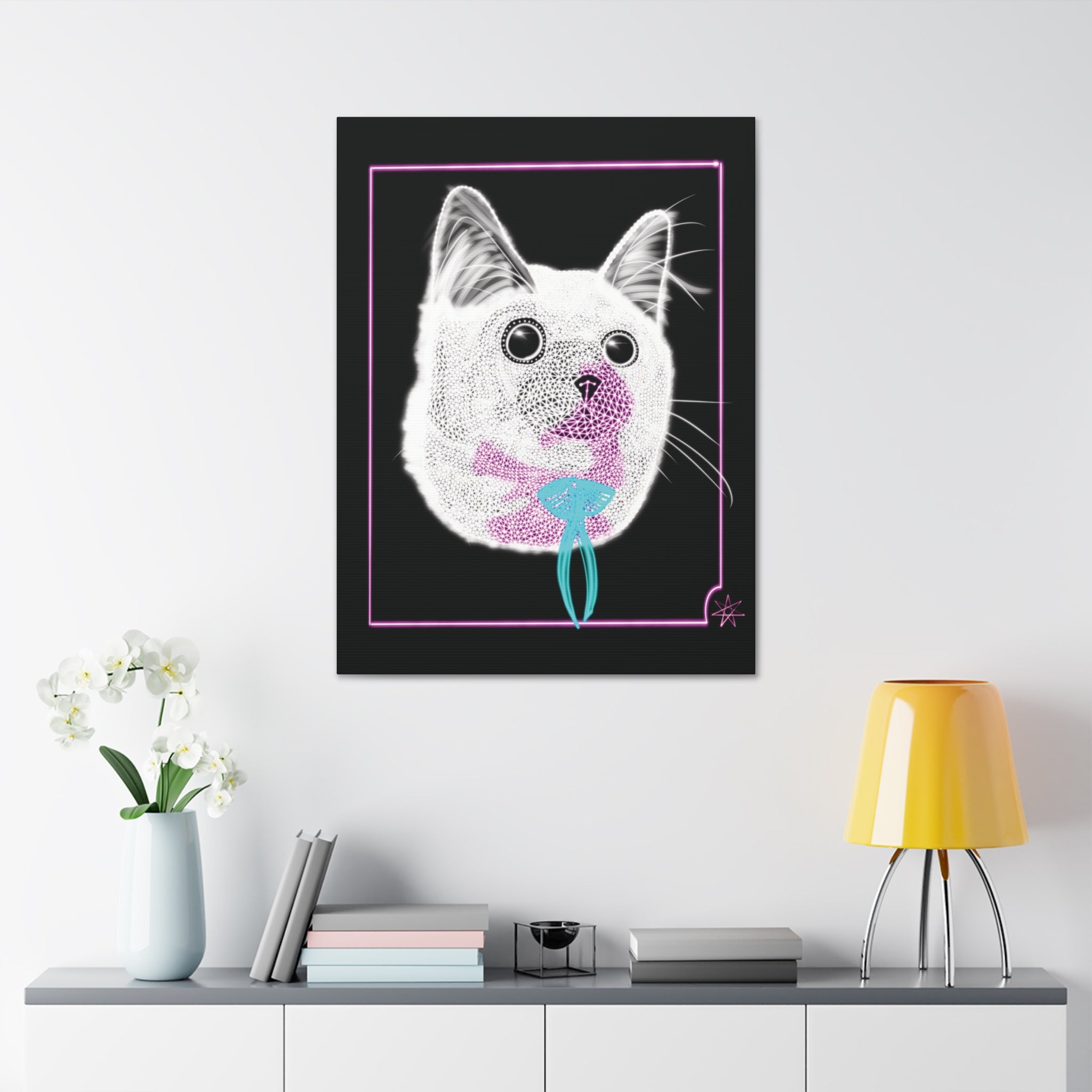 Portrait Canvas Art - Laser Kitty Neon Polygon Design, Cat Lover Gift, Fun Home Decor, Pet Artwork, Quirky Wall Art
