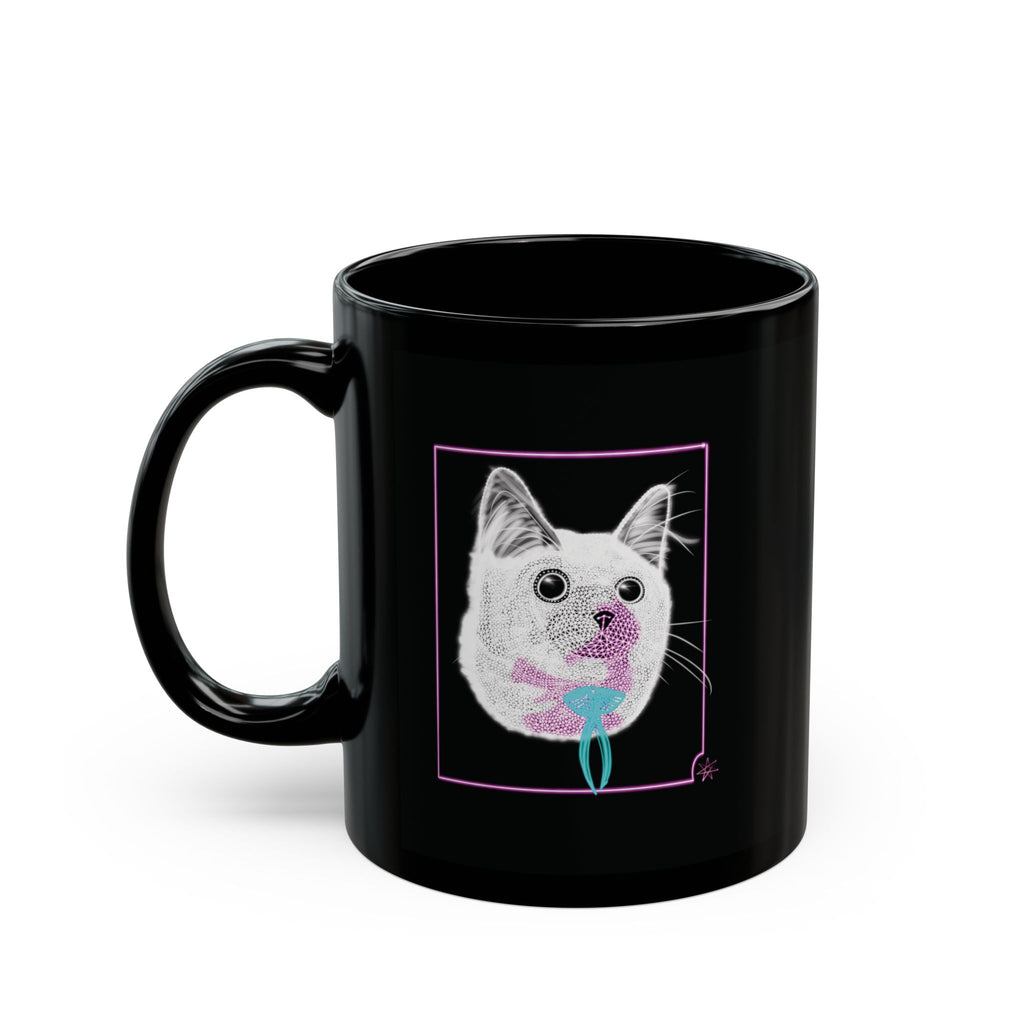 Black Mug (11oz, 15oz) - Laser Kitty Neon Polygon Design