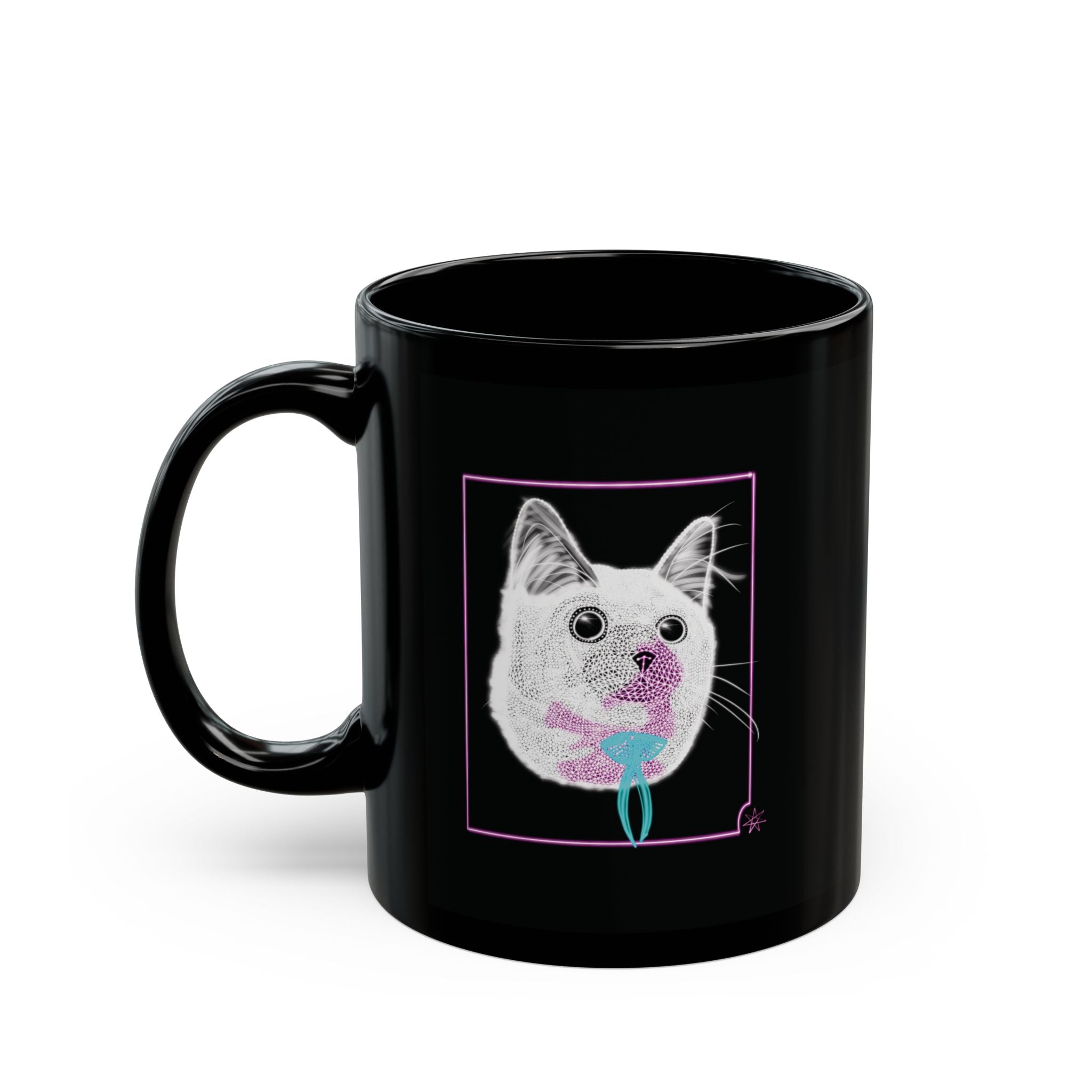 Black Mug (11oz, 15oz) - Laser Kitty Neon Polygon Design