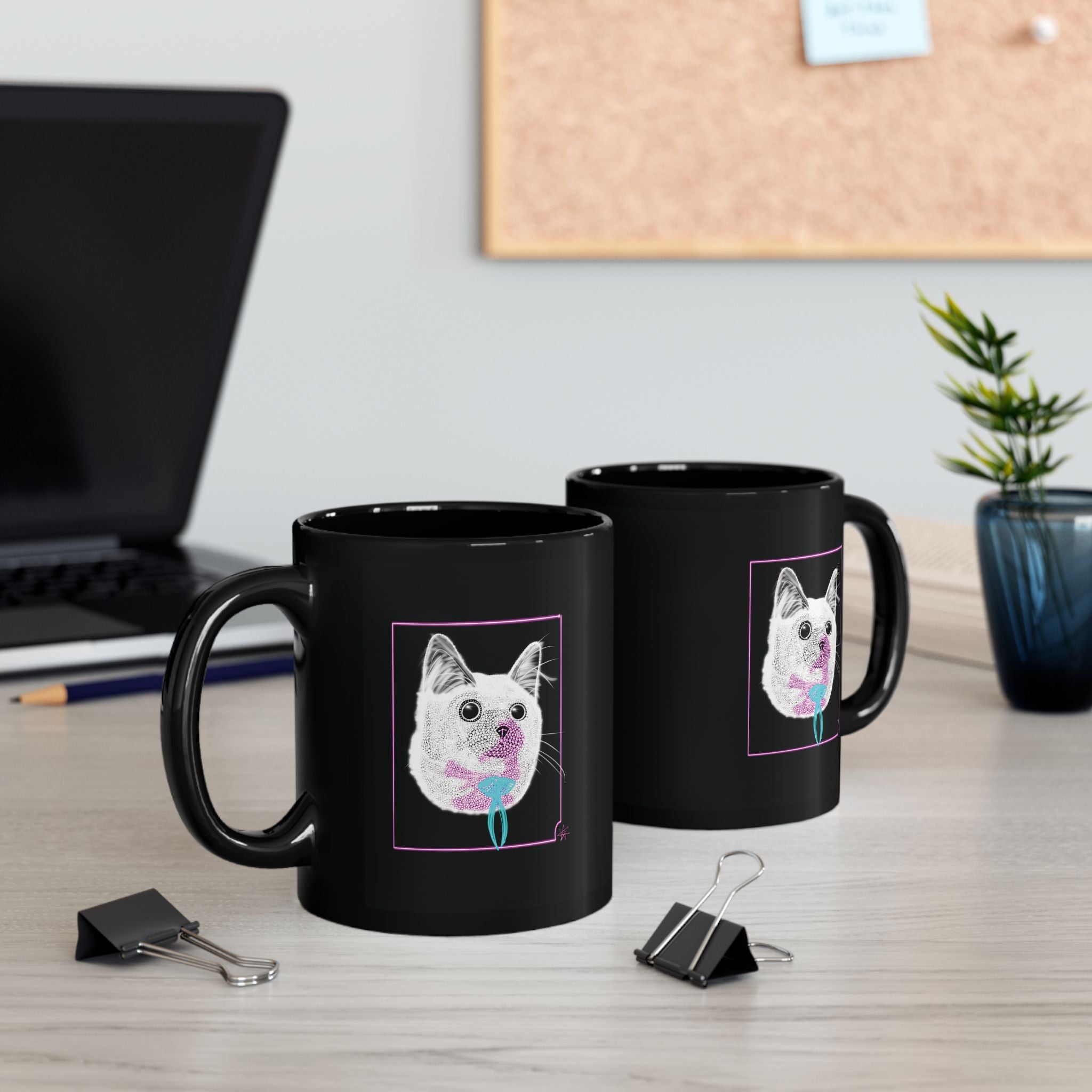Black Mug (11oz, 15oz) - Laser Kitty Neon Polygon Design
