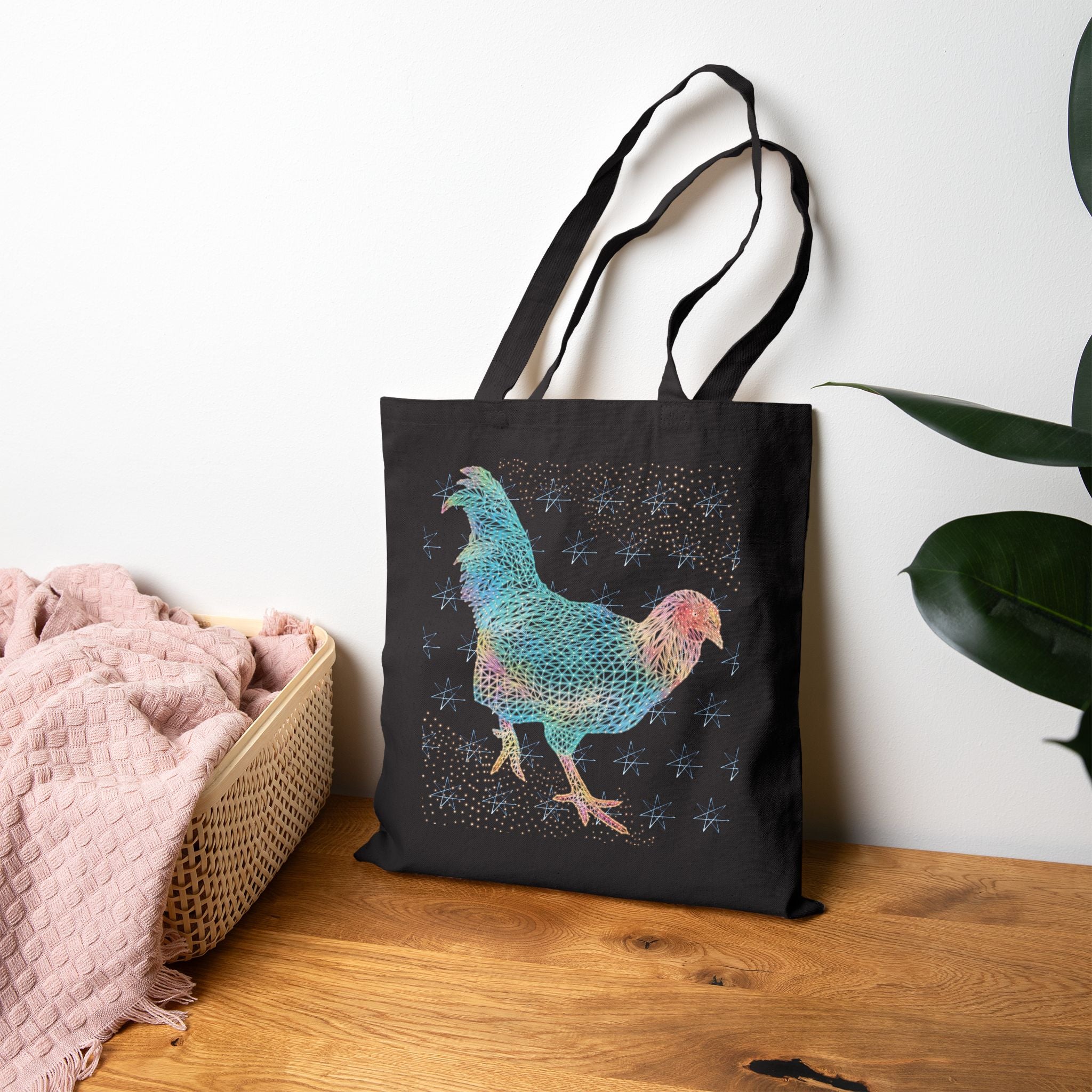 Cotton Canvas Tote - Fancy Rooster Neon Polygon Design, Bag Stylish Reusable Tote, Eco-Friendly Shopping Bag, Festival Accessory, Unique Gift
