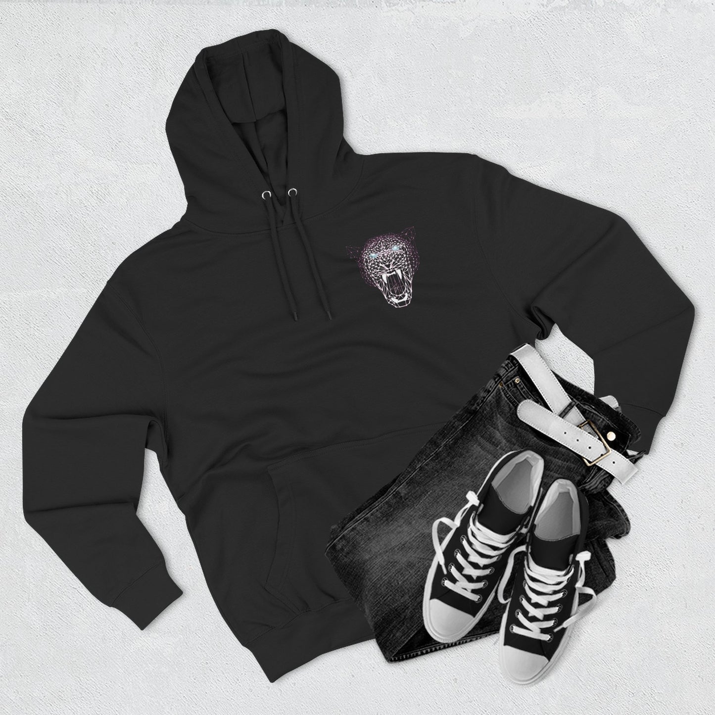 Roaring Geometric Panther Hoodie — Futuristic Wireframe Cat Graphic