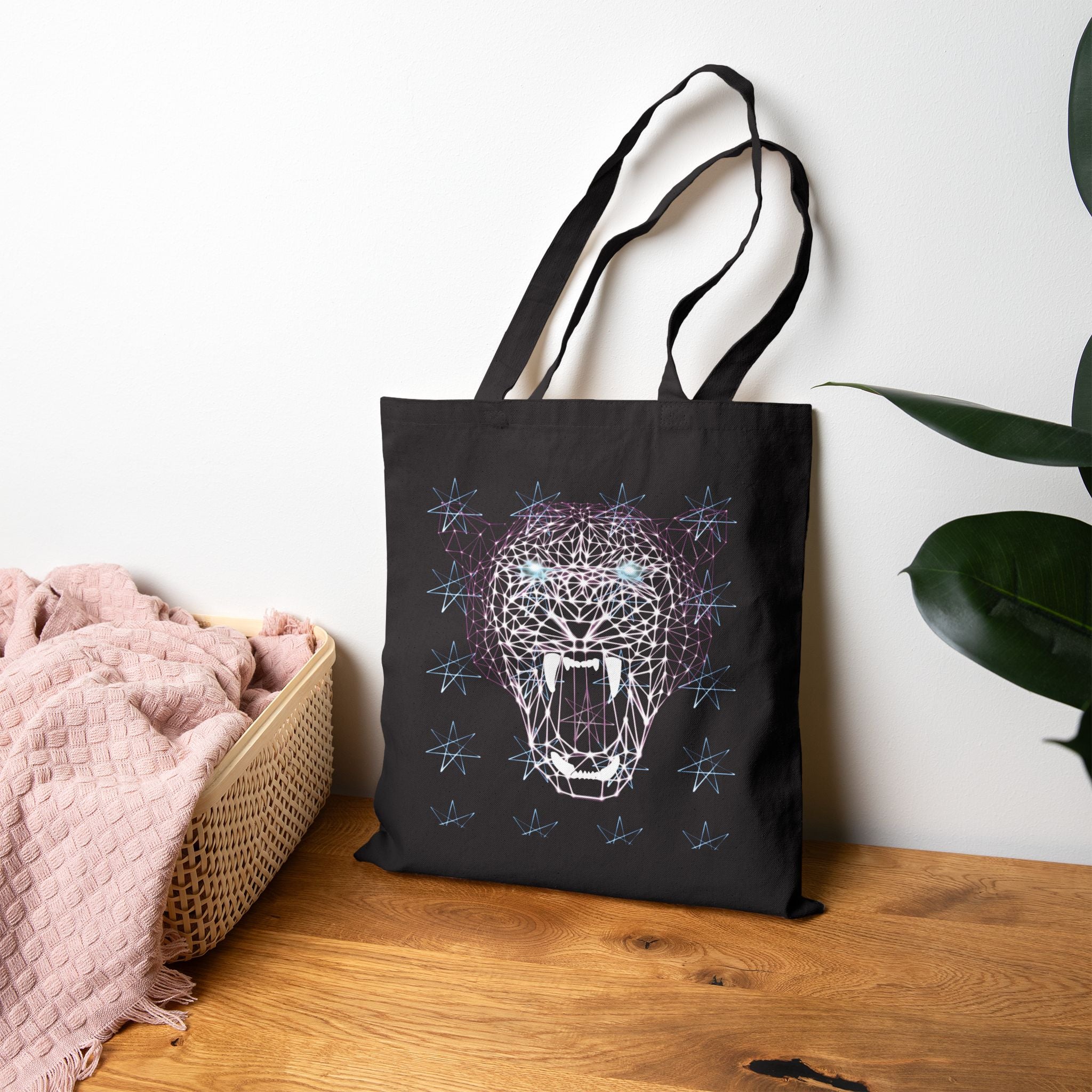 Cotton Canvas Tote - Laser Panther Neon Polygon Design, Bag Stylish Reusable Tote, Eco-Friendly Shopping Bag, Festival Accessory, Unique Gift