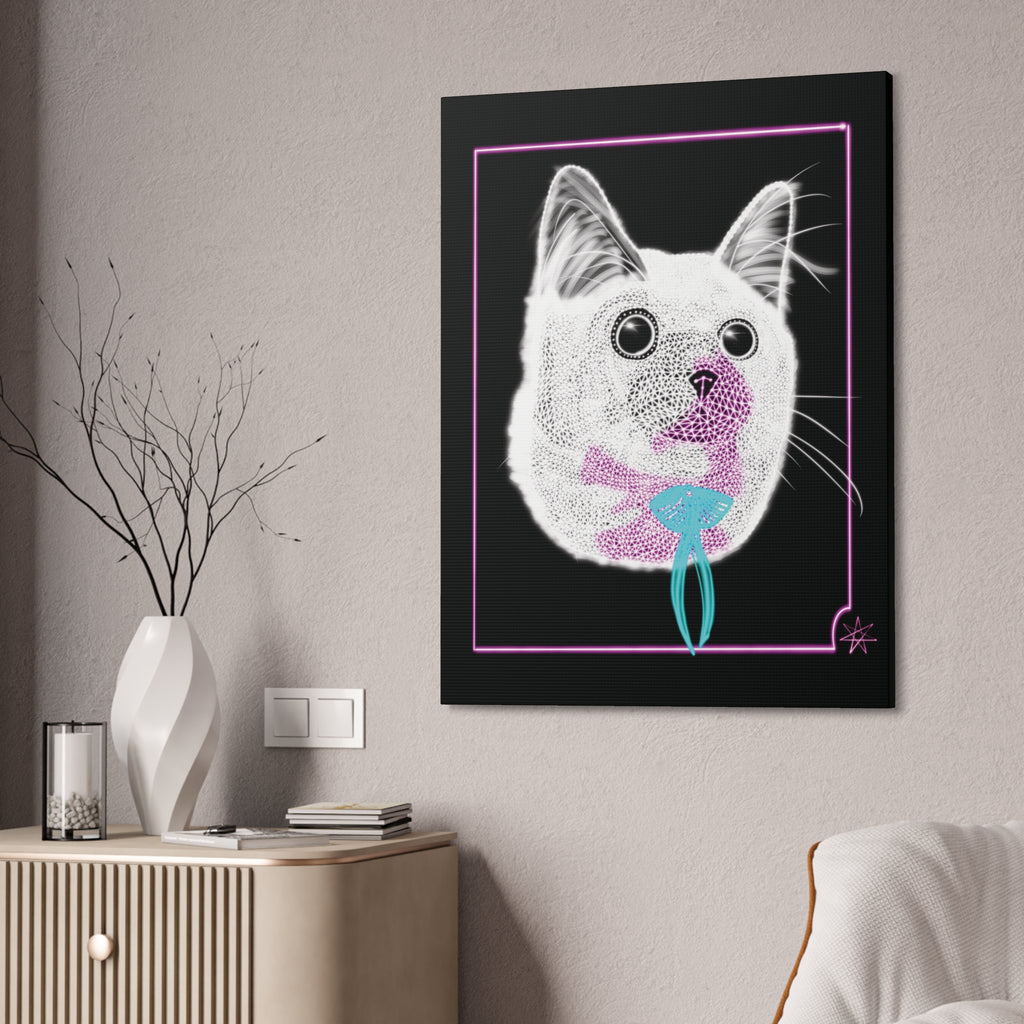 Portrait Canvas Art - Laser Kitty Neon Polygon Design, Cat Lover Gift, Fun Home Decor, Pet Artwork, Quirky Wall Art