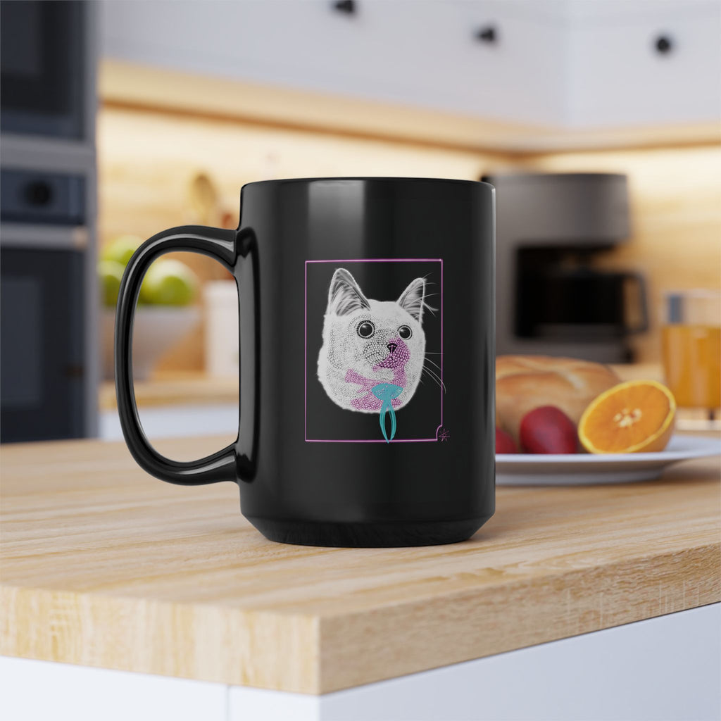 Black Mug (11oz, 15oz) - Laser Kitty Neon Polygon Design