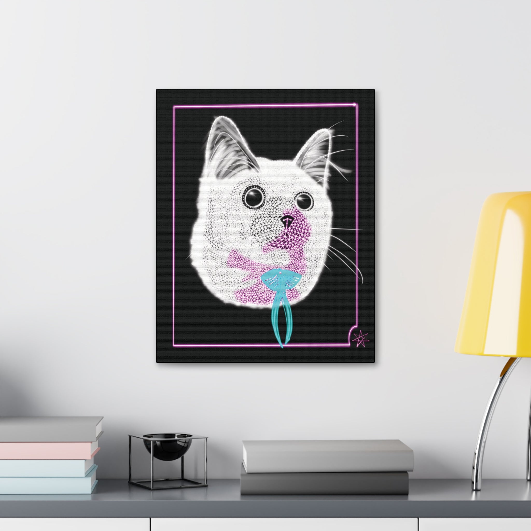 Portrait Canvas Art - Laser Kitty Neon Polygon Design, Cat Lover Gift, Fun Home Decor, Pet Artwork, Quirky Wall Art