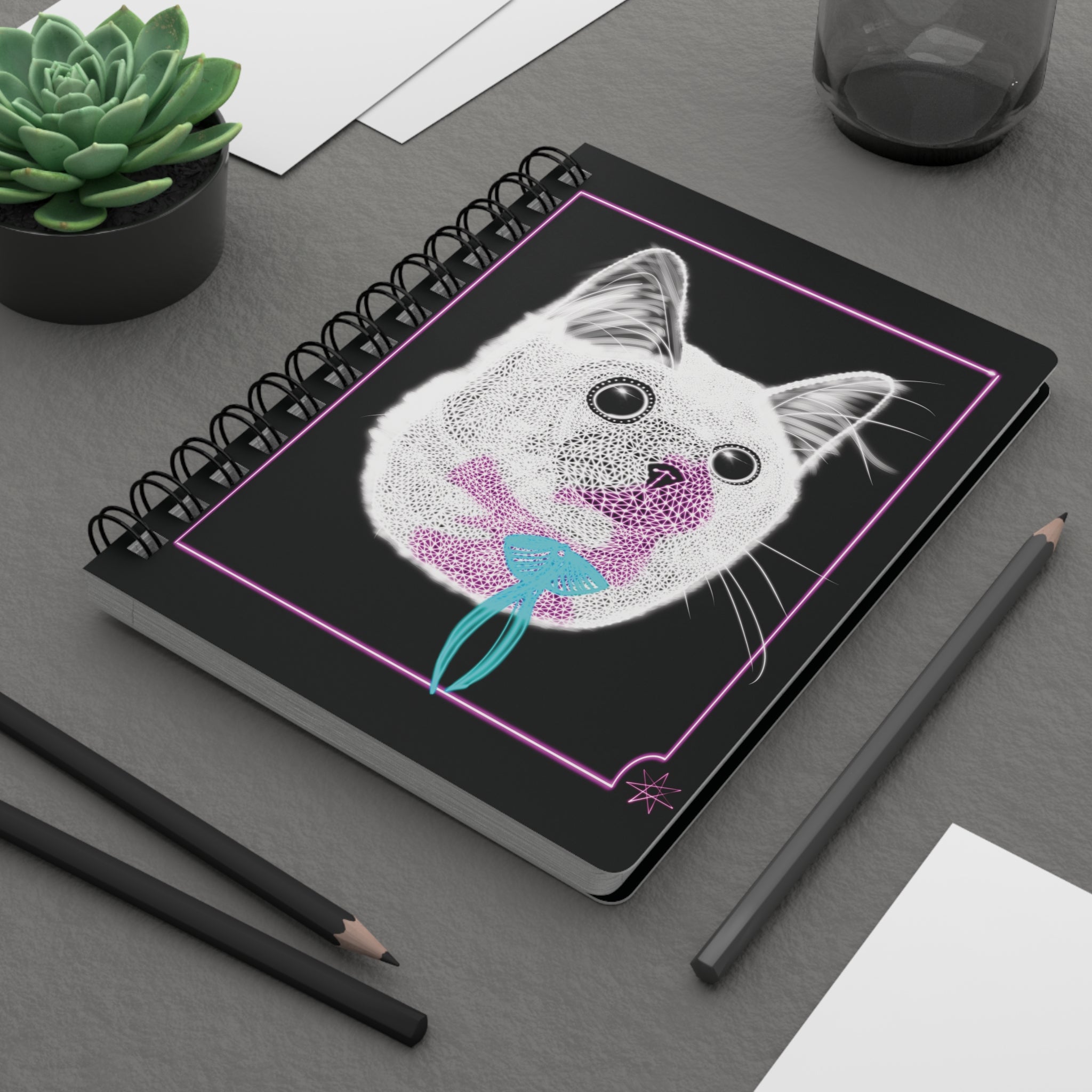 Spiral Bound Journal - Laser Kitty on the Outside, Panther on the Inside Neon Polygon Design
