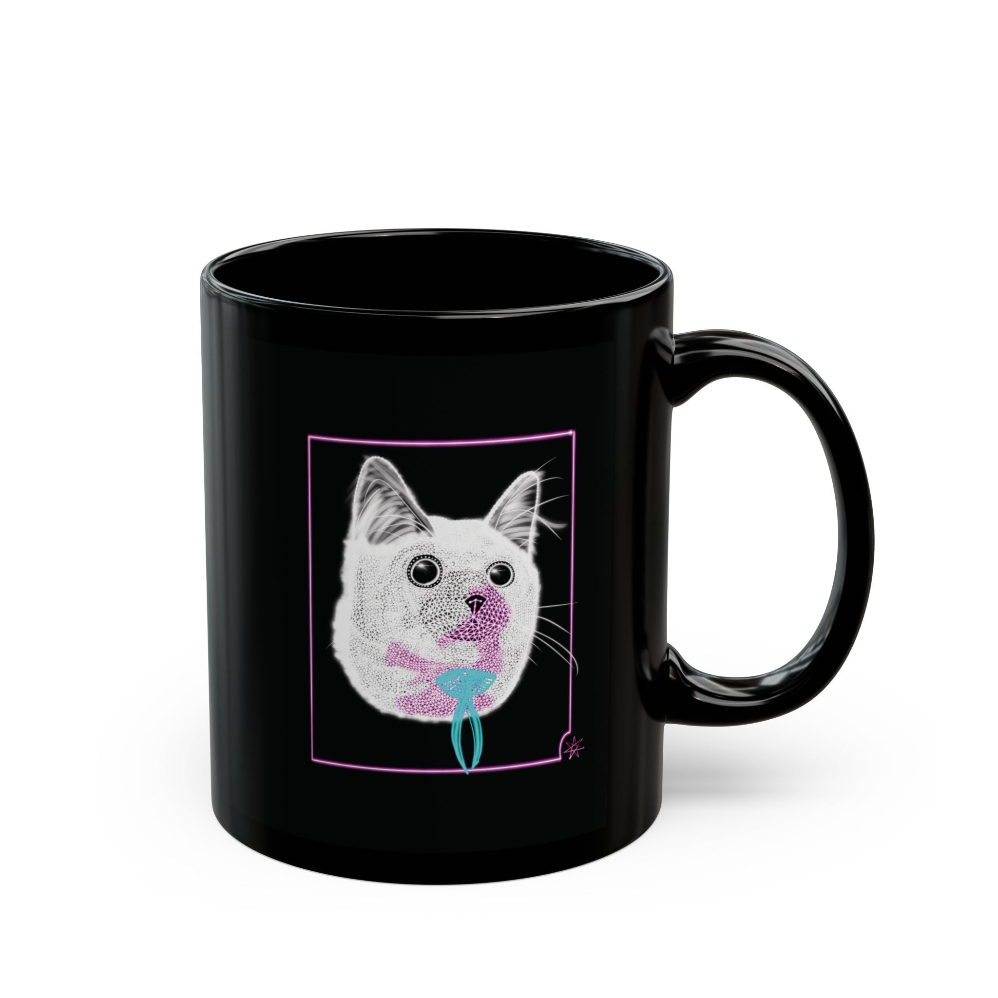 Black Mug (11oz, 15oz) - Laser Kitty Neon Polygon Design