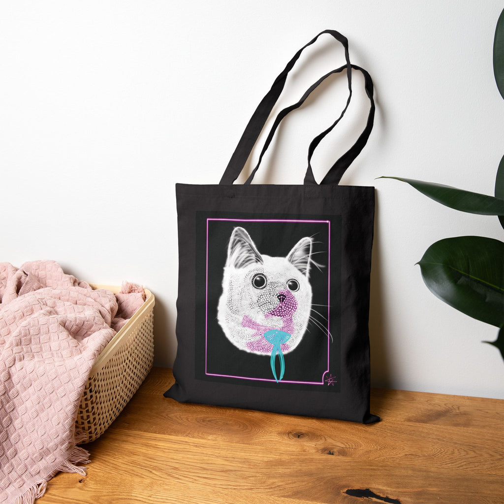 Cotton Canvas Tote - Laser Kitty Neon Polygon Design, Bag Stylish Reusable Tote, Eco-Friendly Shopping Bag, Festival Accessory, Unique Gift