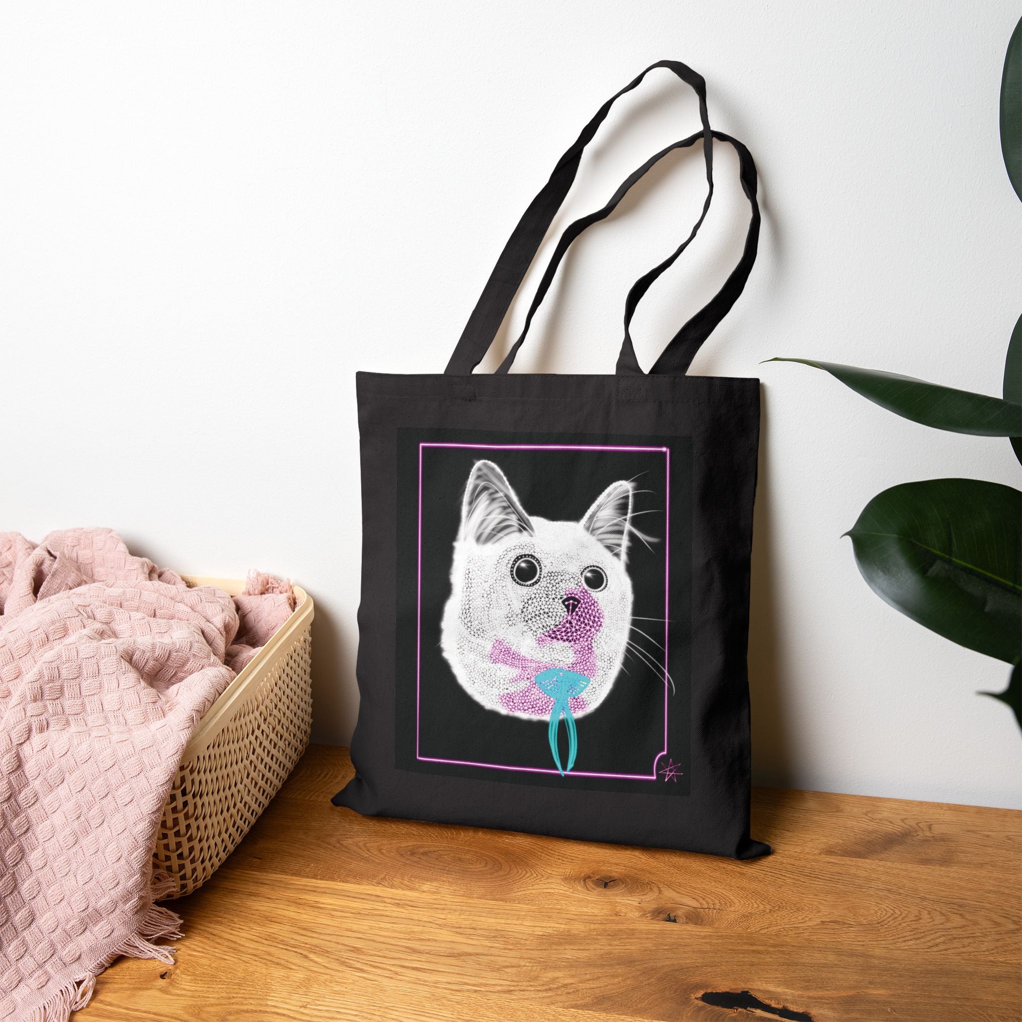 Cotton Canvas Tote - Laser Kitty Neon Polygon Design, Bag Stylish Reusable Tote, Eco-Friendly Shopping Bag, Festival Accessory, Unique Gift