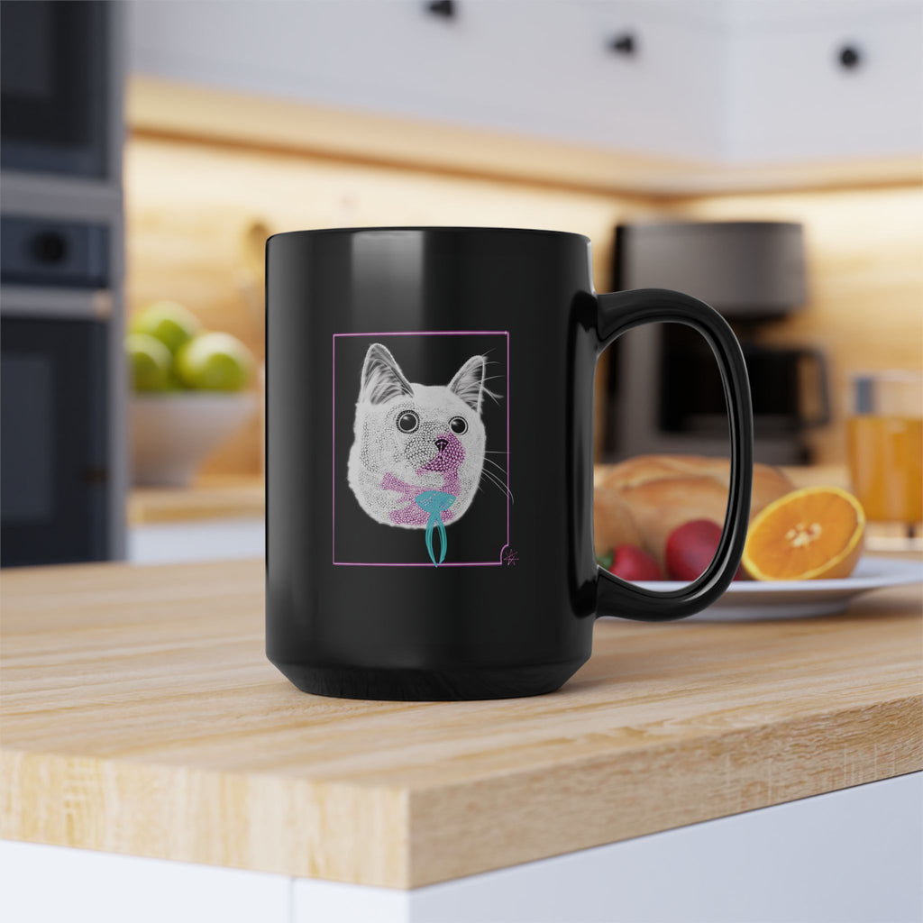 Black Mug (11oz, 15oz) - Laser Kitty Neon Polygon Design