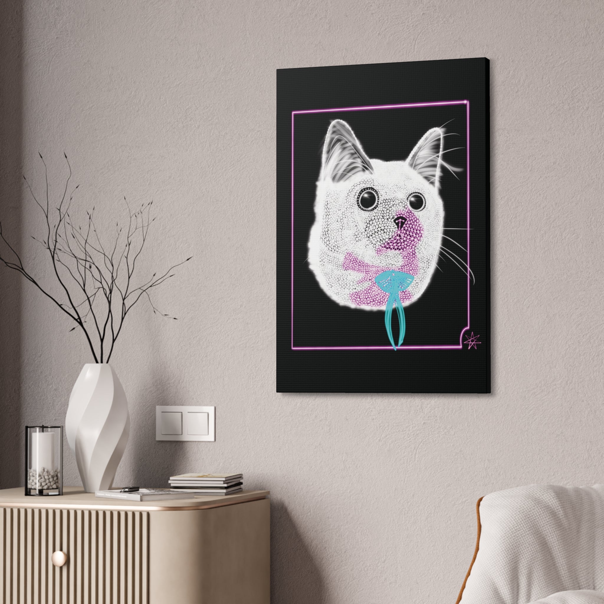 Portrait Canvas Art - Laser Kitty Neon Polygon Design, Cat Lover Gift, Fun Home Decor, Pet Artwork, Quirky Wall Art