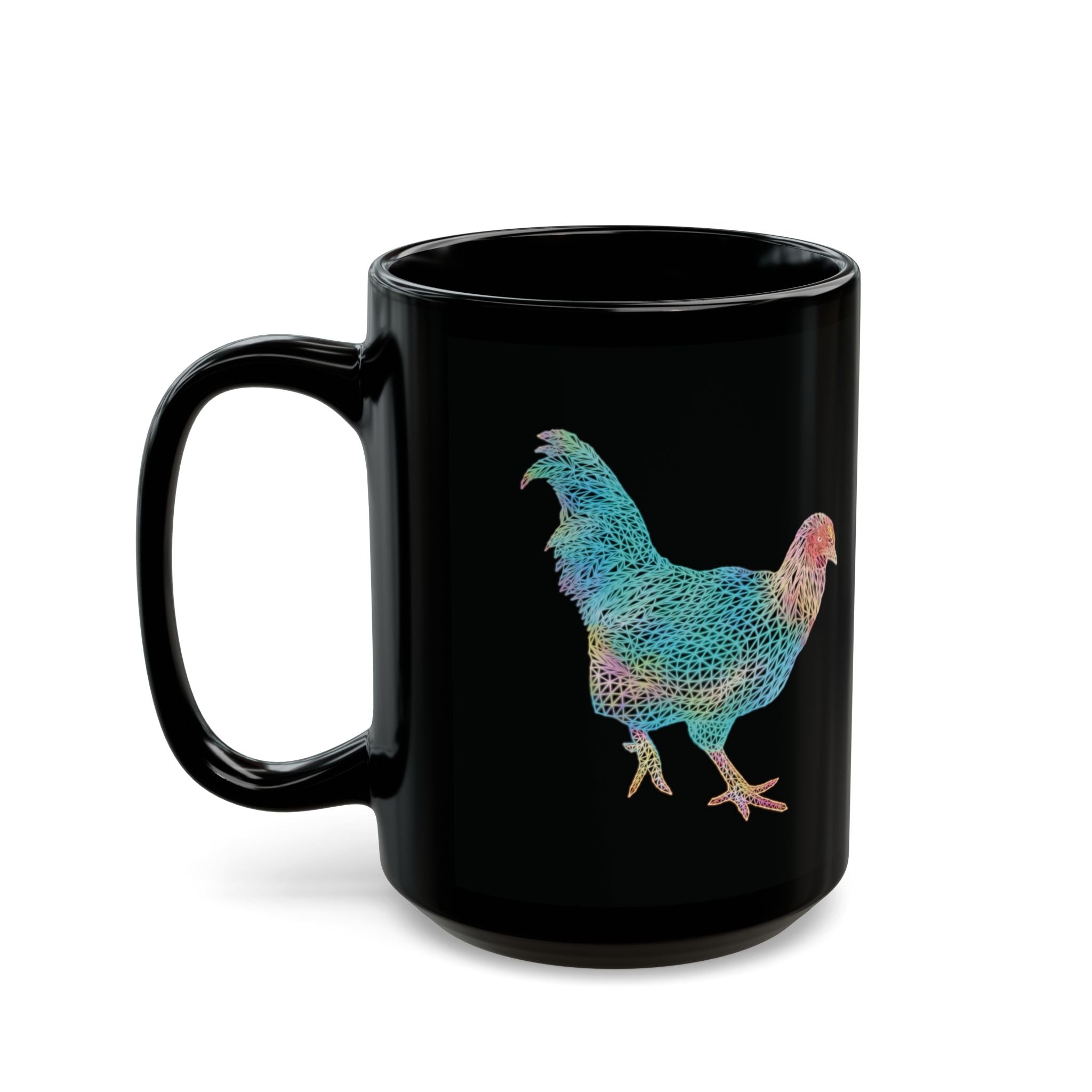 Black Mug (11oz, 15oz) - Laser Rooster Neon Polygon Design
