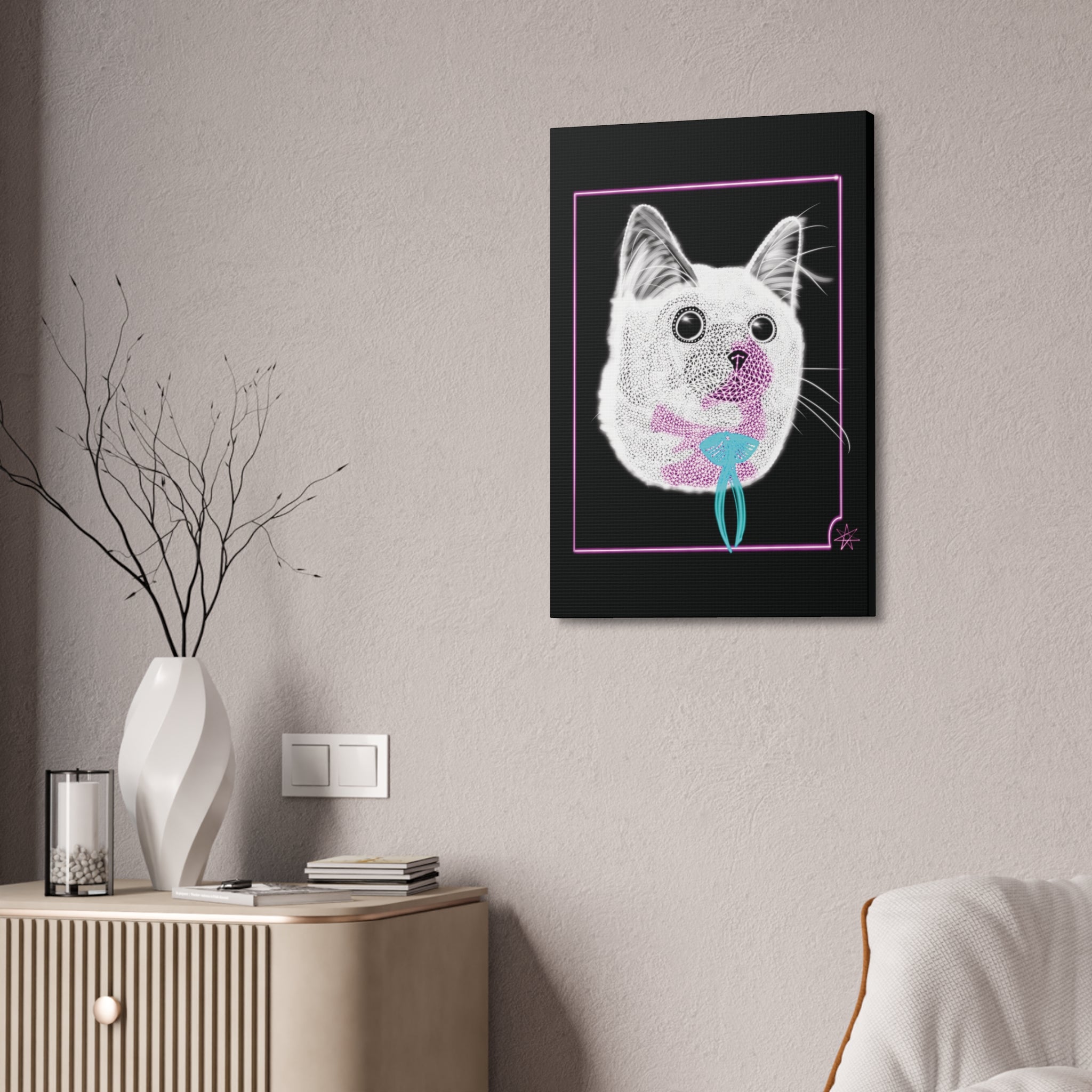 Portrait Canvas Art - Laser Kitty Neon Polygon Design, Cat Lover Gift, Fun Home Decor, Pet Artwork, Quirky Wall Art